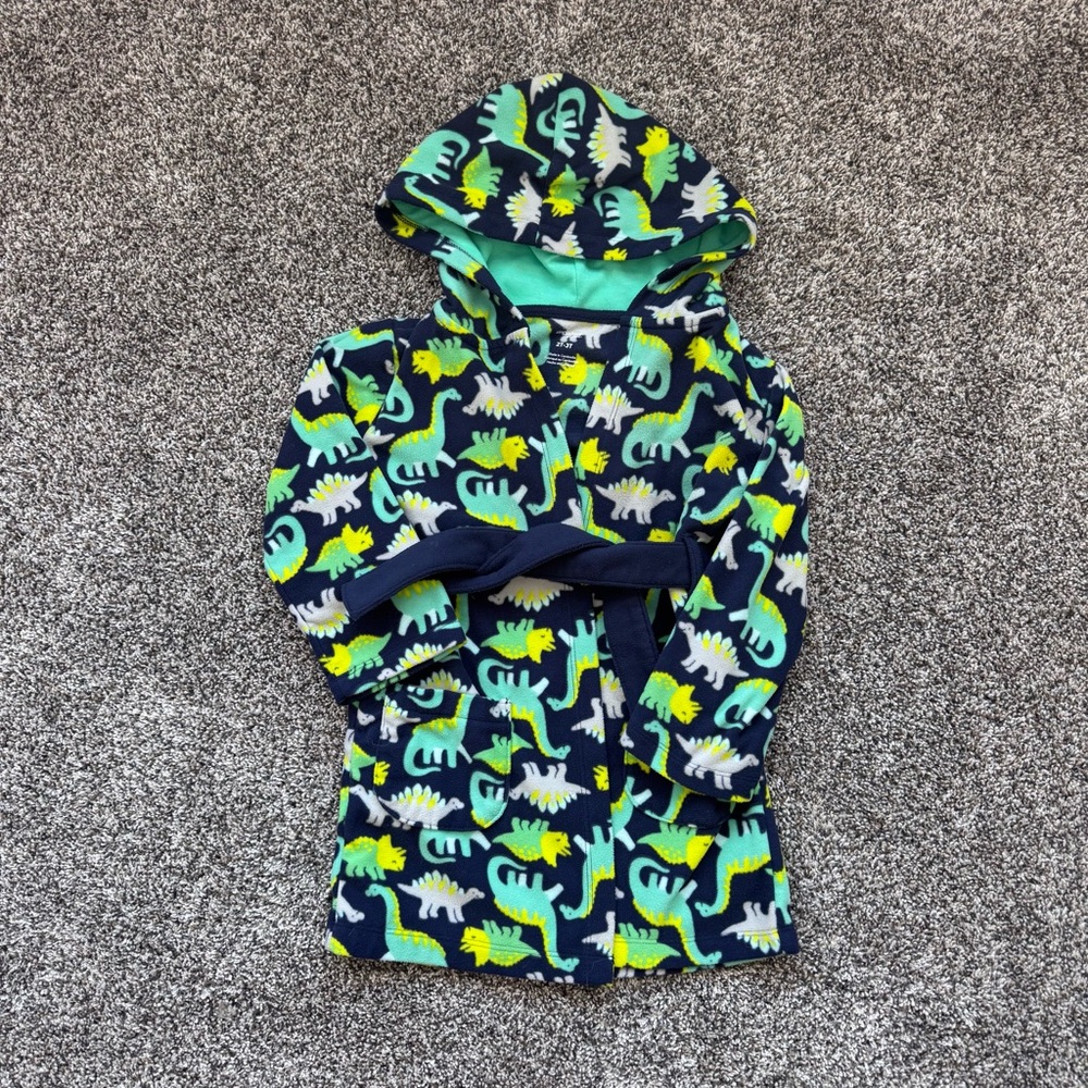 Kids Hooded Bathrobe with Dino Print - Navy & Aqua